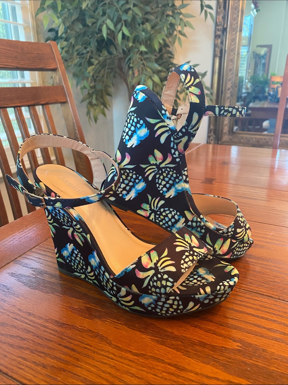Floral Pineapple Print Wedge Sandals  by Jasmin - Black/Multicolor Size 7.5 M